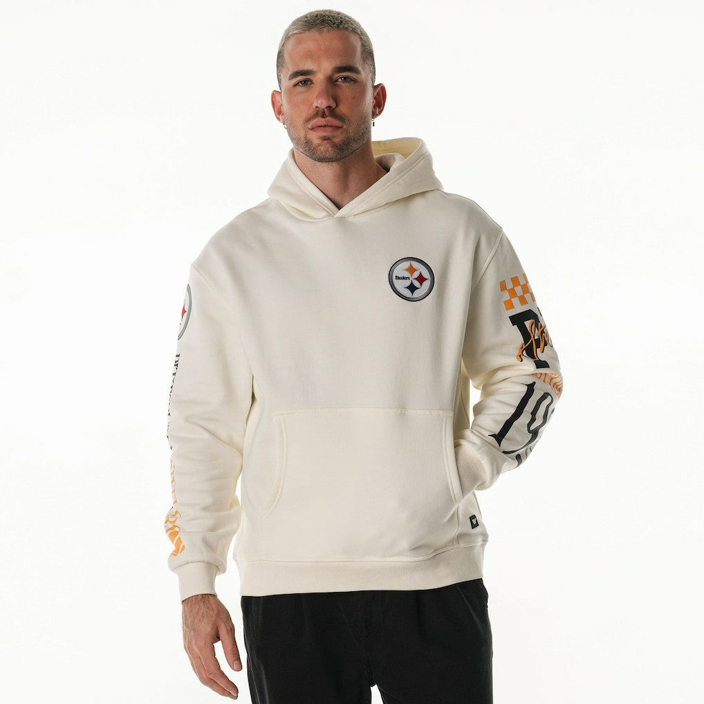 Pittsburgh Steelers The Wild Collective Unisex Stacked Graphic Sleeve Fleece Hoodie Cream