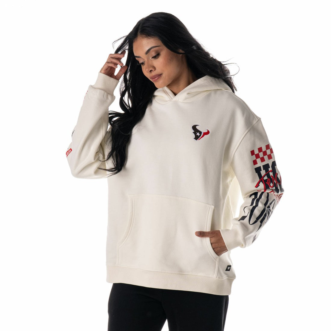 Houston Texans The Wild Collective Unisex Stacked Graphic Sleeve Fleece Hoodie Cream