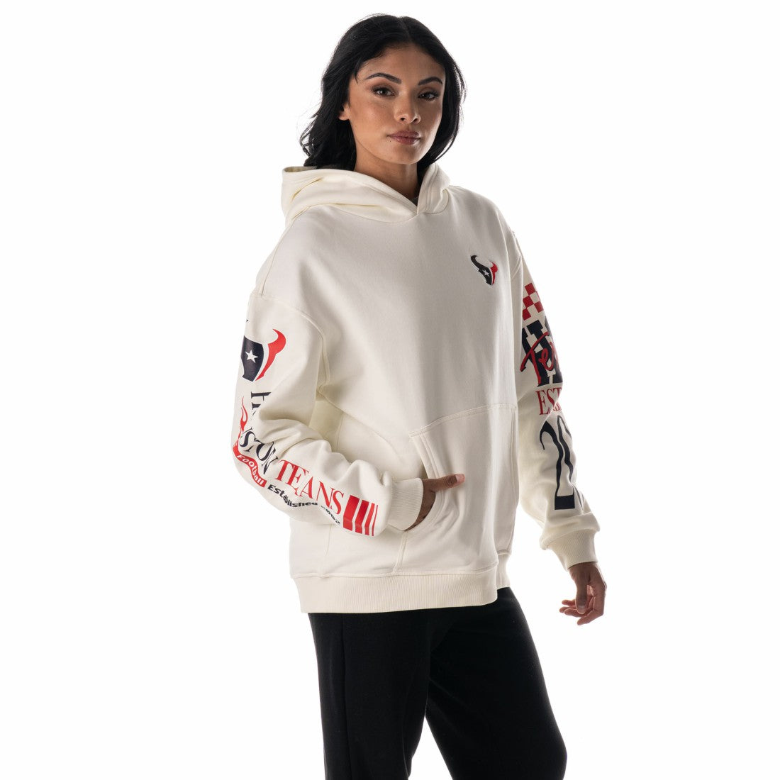 Houston Texans The Wild Collective Unisex Stacked Graphic Sleeve Fleece Hoodie Cream