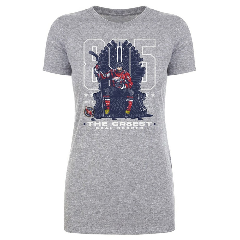 Alexander Ovechkin Washington Capitals 500 Level Women's NHL All-Time Leading Goal Scorer Throne T-Shirt - Heather Gray - NHL 203089754