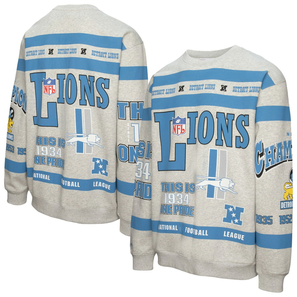 Mitchell & Ness Detroit Lions All Over Print Vintage Fleece Crewneck Sweatshirt Heather Gray