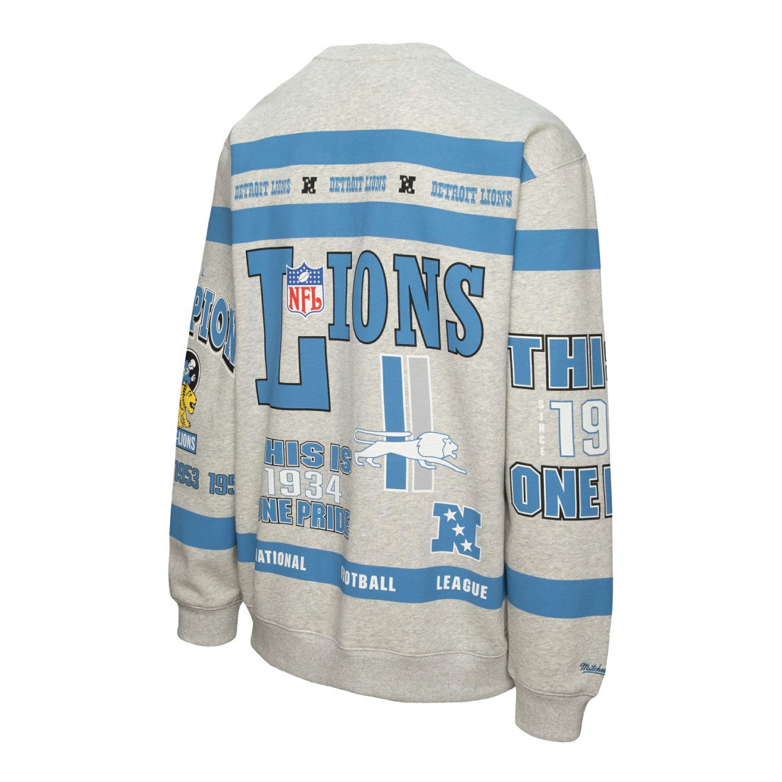 Mitchell & Ness Detroit Lions All Over Print Vintage Fleece Crewneck Sweatshirt Heather Gray