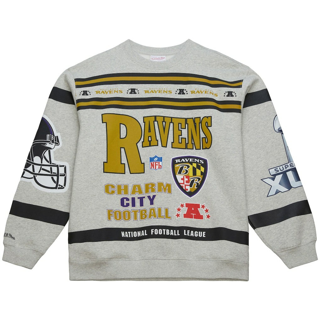 Mitchell & Ness Baltimore Ravens All Over Print Vintage Fleece Crewneck Sweatshirt Heather Gray