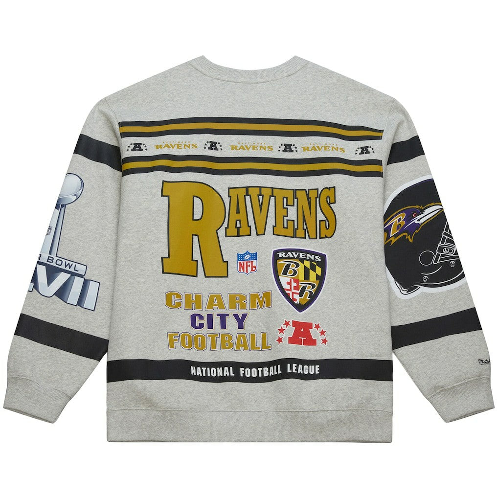 Mitchell & Ness Baltimore Ravens All Over Print Vintage Fleece Crewneck Sweatshirt Heather Gray
