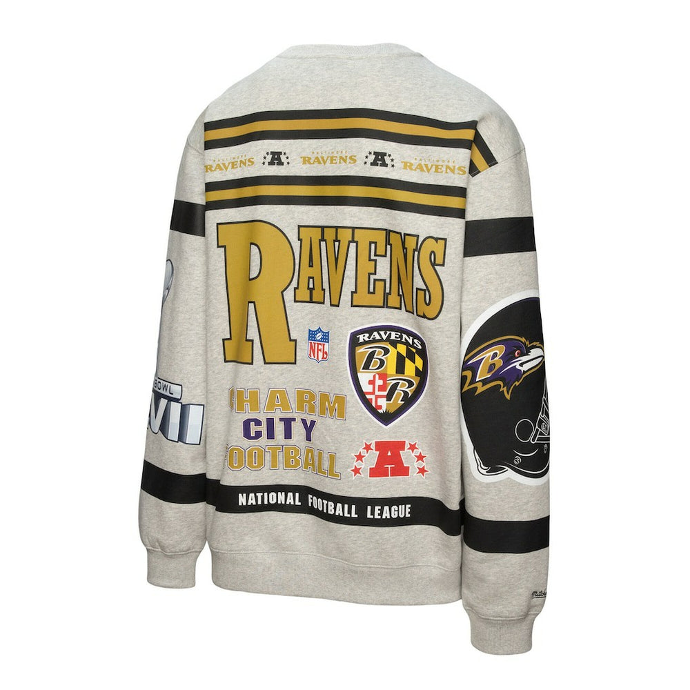 Mitchell & Ness Baltimore Ravens All Over Print Vintage Fleece Crewneck Sweatshirt Heather Gray