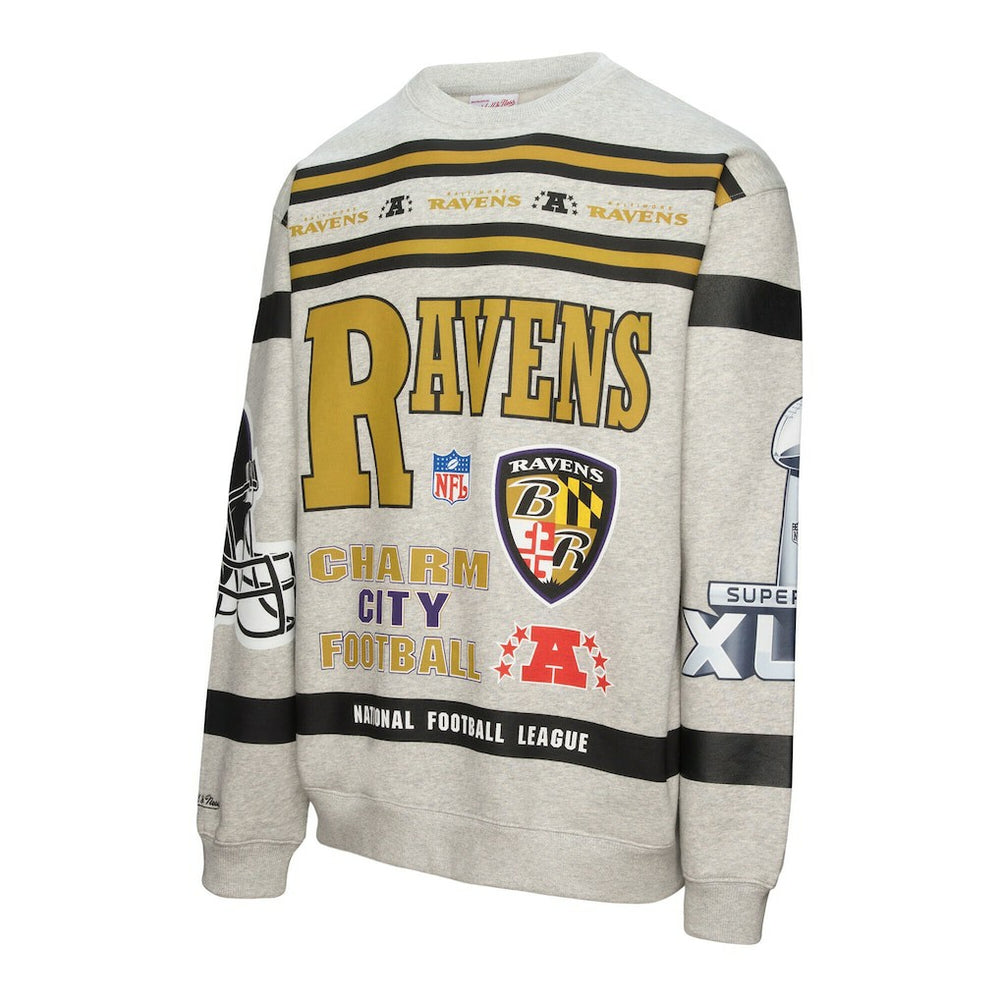 Mitchell & Ness Baltimore Ravens All Over Print Vintage Fleece Crewneck Sweatshirt Heather Gray