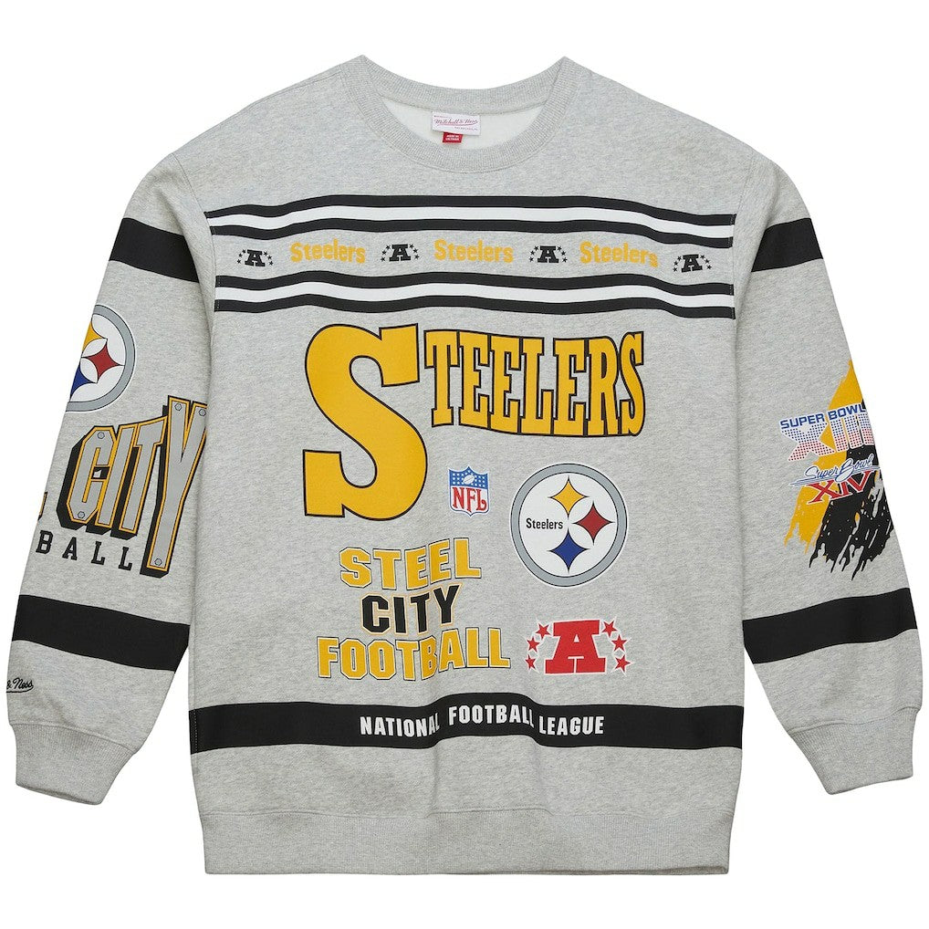 Mitchell & Ness Pittsburgh Steelers All Over Print Vintage Fleece Crewneck Sweatshirt Heather Gray