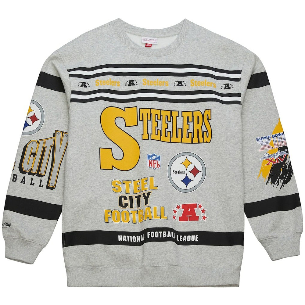 Mitchell & Ness Pittsburgh Steelers All Over Print Vintage Fleece Crewneck Sweatshirt Heather Gray