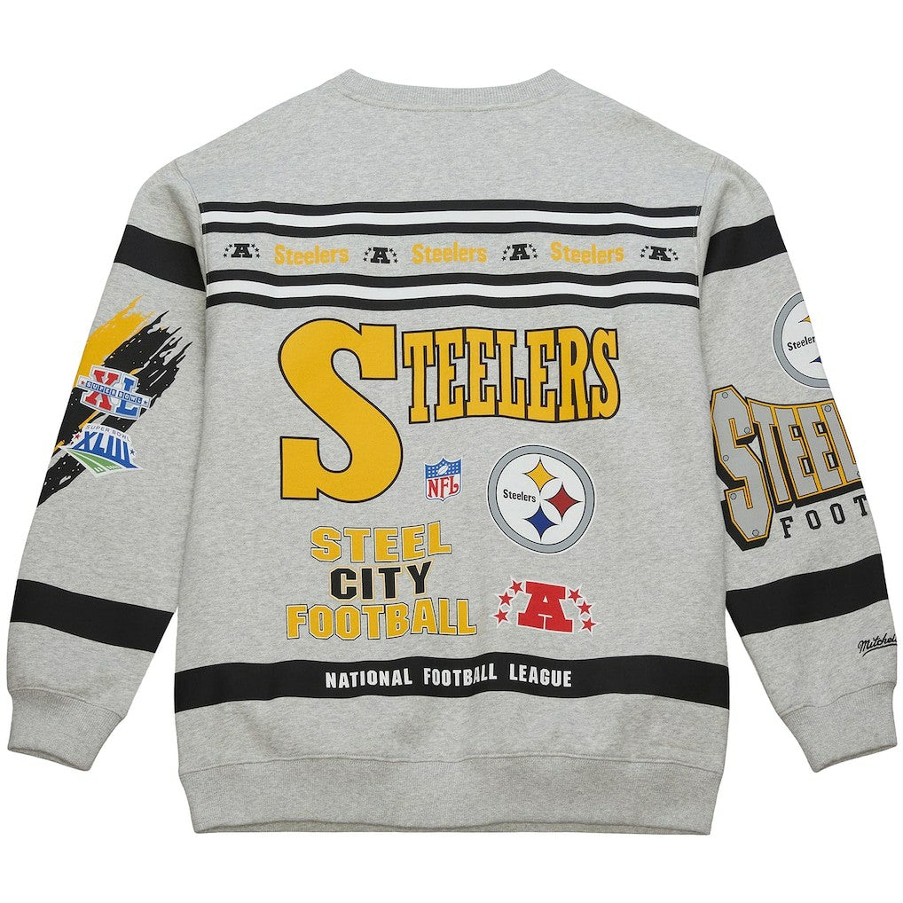 Mitchell & Ness Pittsburgh Steelers All Over Print Vintage Fleece Crewneck Sweatshirt Heather Gray