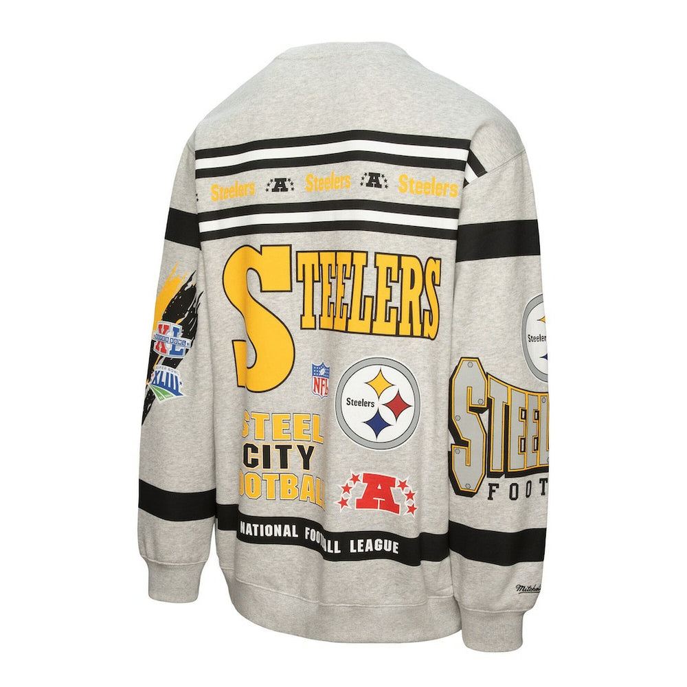 Mitchell & Ness Pittsburgh Steelers All Over Print Vintage Fleece Crewneck Sweatshirt Heather Gray