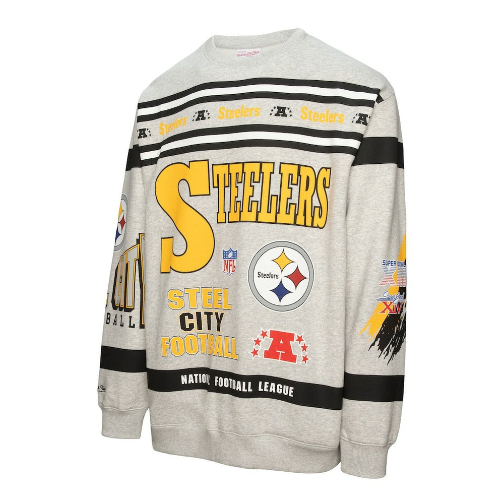 Mitchell & Ness Pittsburgh Steelers All Over Print Vintage Fleece Crewneck Sweatshirt Heather Gray