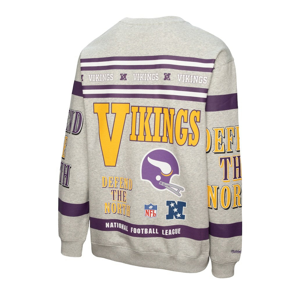 Mitchell & Ness Minnesota Vikings All Over Print Vintage Fleece Crewneck Sweatshirt Heather Gray