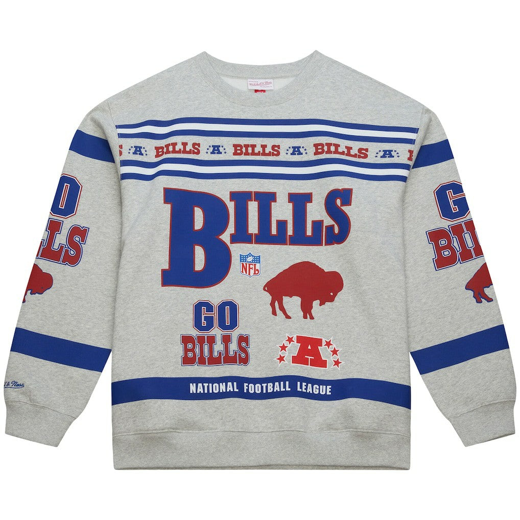 Mitchell & Ness Buffalo Bills All Over Print Vintage Fleece Crewneck Sweatshirt Heather Gray