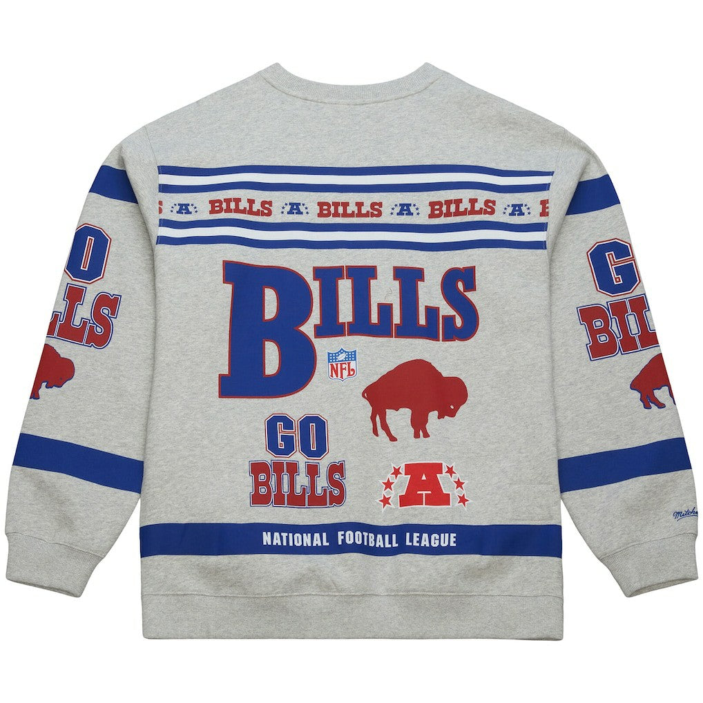 Mitchell & Ness Buffalo Bills All Over Print Vintage Fleece Crewneck Sweatshirt Heather Gray