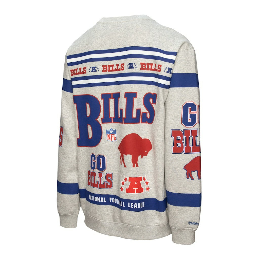 Mitchell & Ness Buffalo Bills All Over Print Vintage Fleece Crewneck Sweatshirt Heather Gray