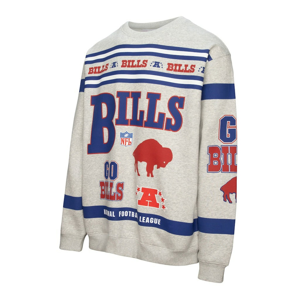 Mitchell & Ness Buffalo Bills All Over Print Vintage Fleece Crewneck Sweatshirt Heather Gray