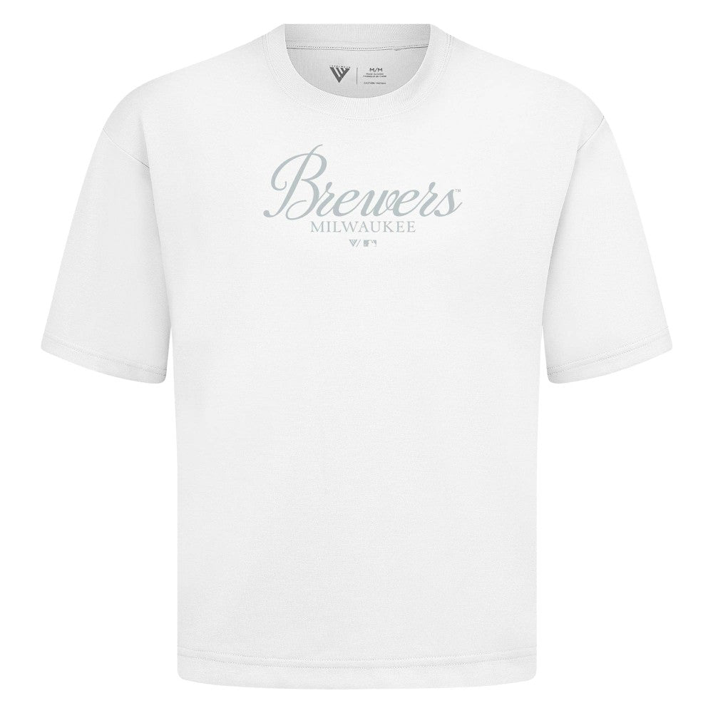 Milwaukee Brewers Levelwear Ethereal Oversized Luxe Signature Knit T-Shirt - White - MLB Discount
