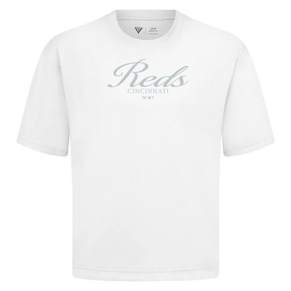 Cincinnati Reds Levelwear Ethereal Oversized Luxe Signature Knit T-Shirt - White - MLB Lifestyle