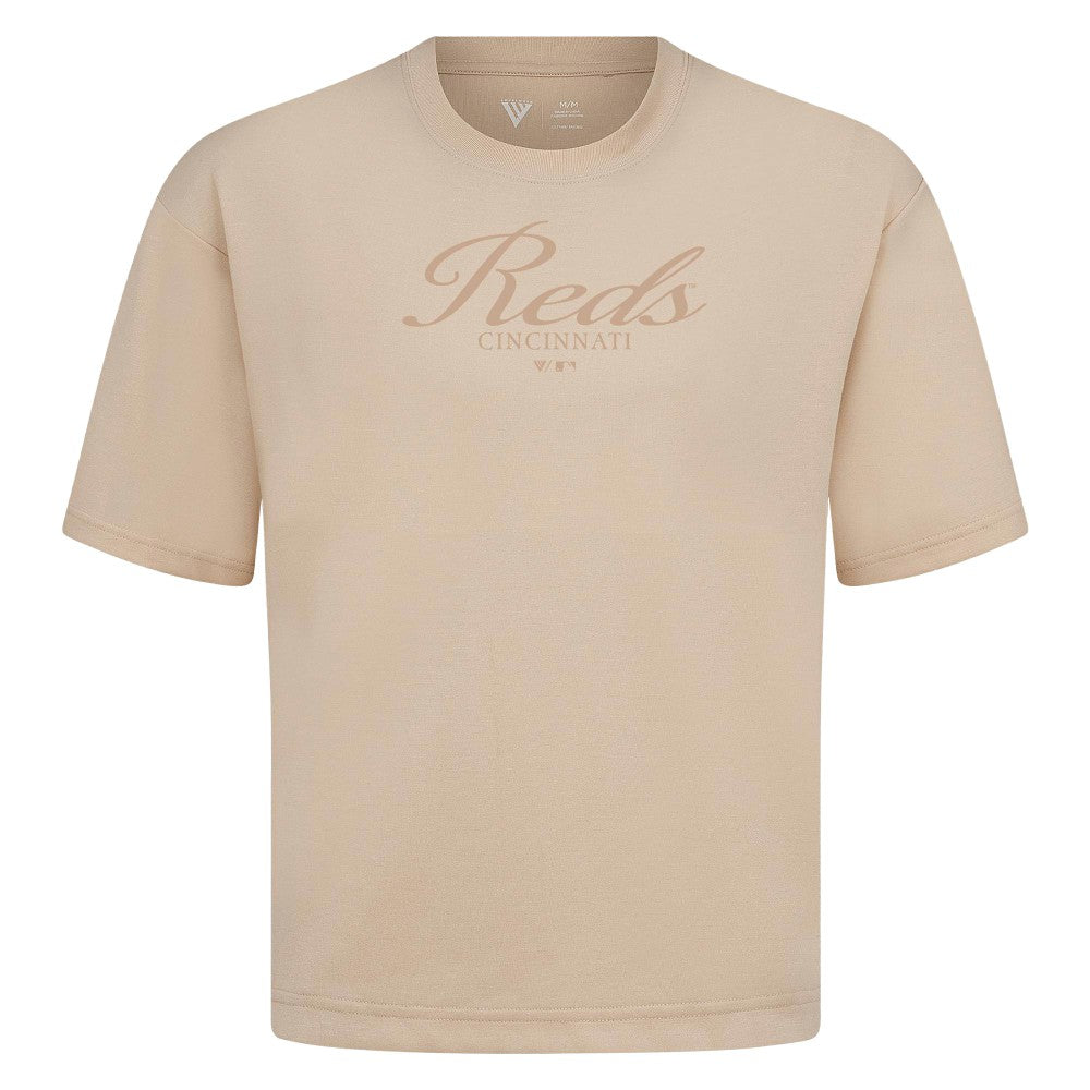 Cincinnati Reds Levelwear Ethereal Oversized Luxe Signature Knit T-Shirt - Khaki - MLB on Sale