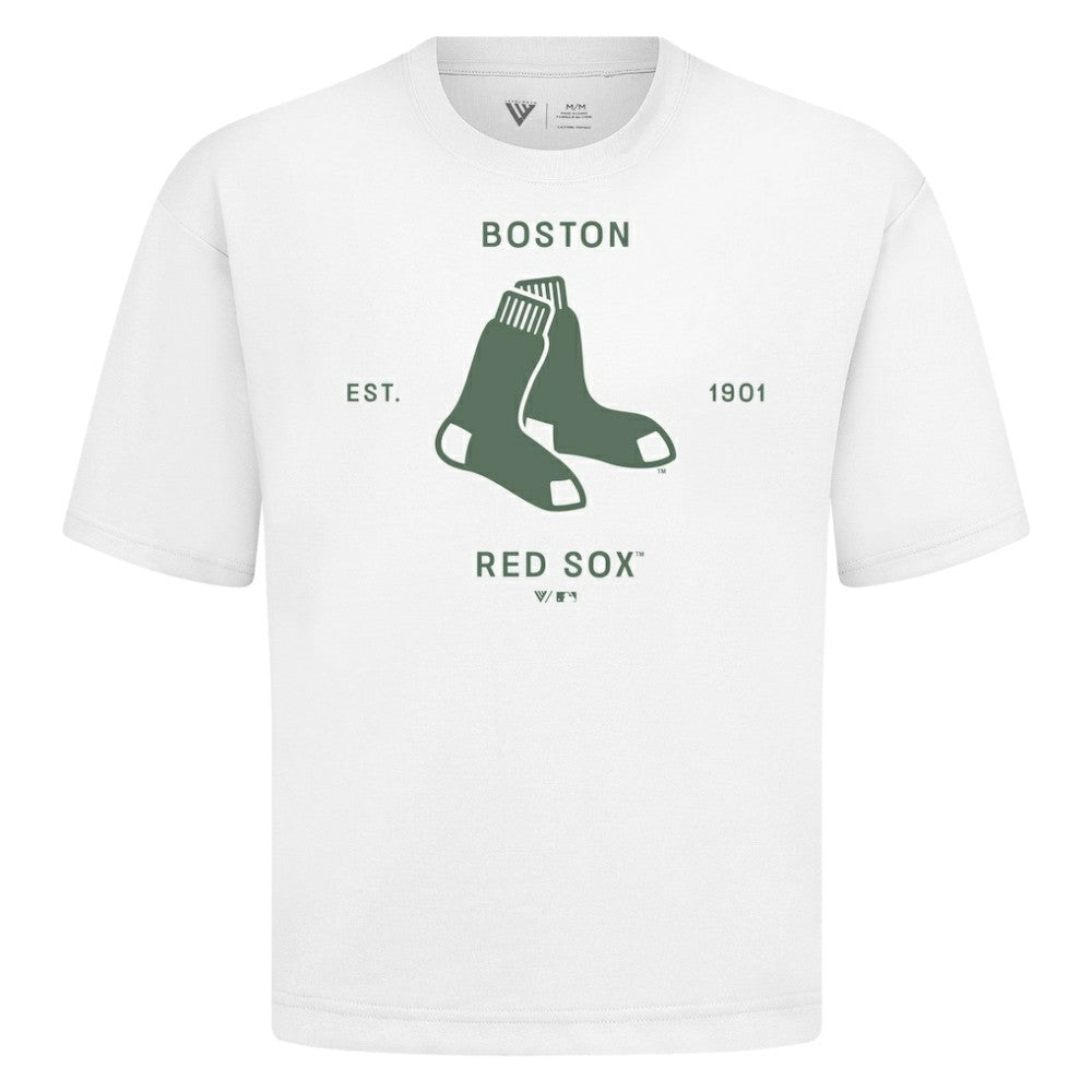 Boston Red Sox Levelwear Crossway Oversized Luxe Signature Knit T-Shirt - White - MLB Lifestyle