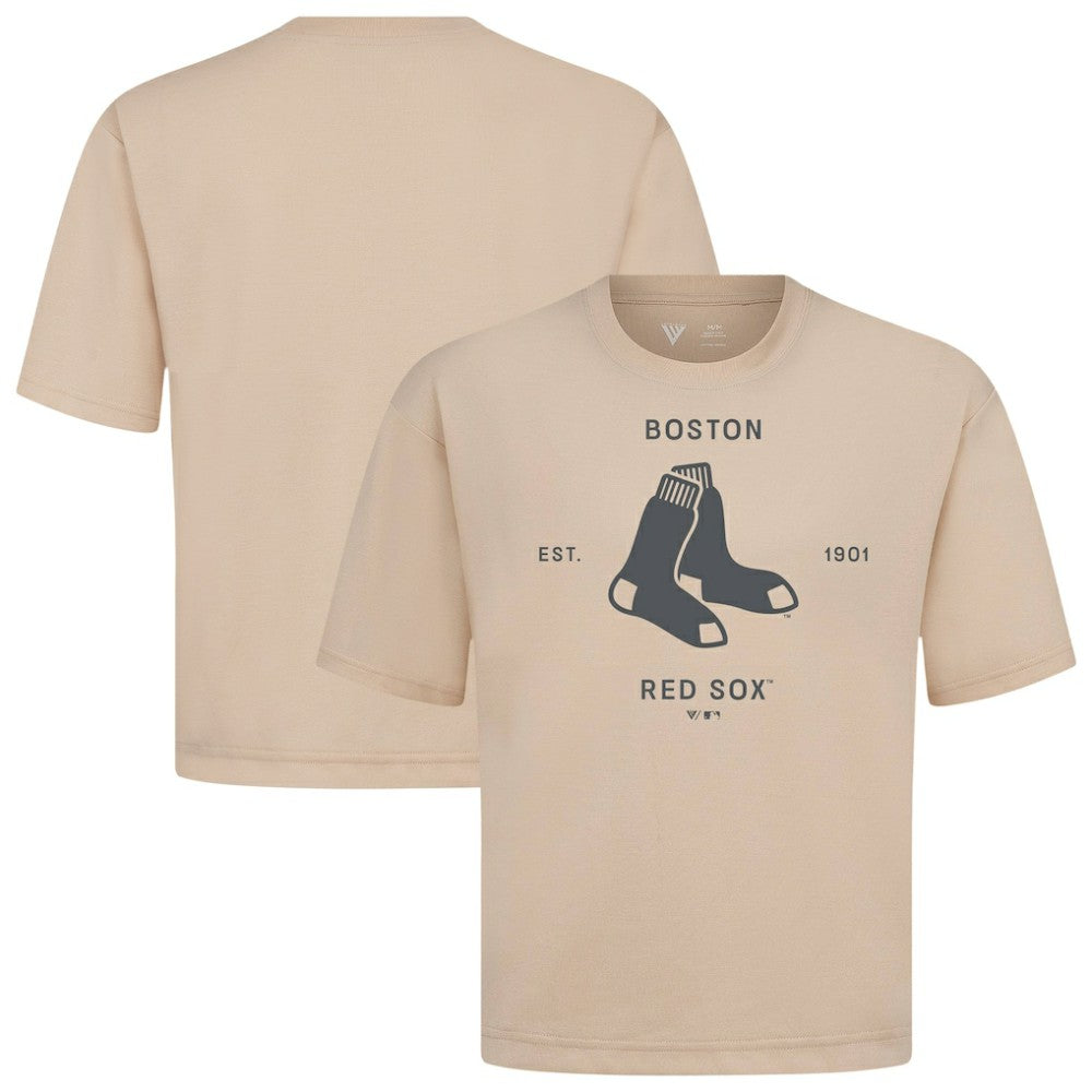 Boston Red Sox Levelwear Crossway Oversized Luxe Signature Knit T-Shirt - Khaki - MLB Sale