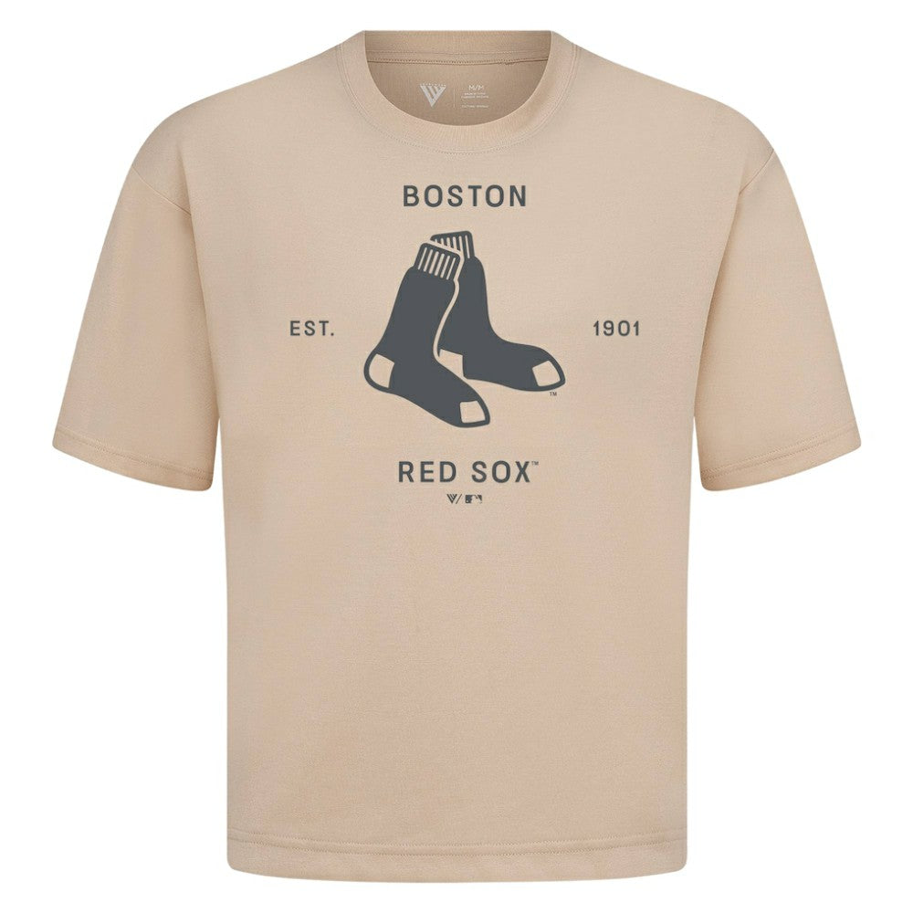 Boston Red Sox Levelwear Crossway Oversized Luxe Signature Knit T-Shirt - Khaki - MLB Sale