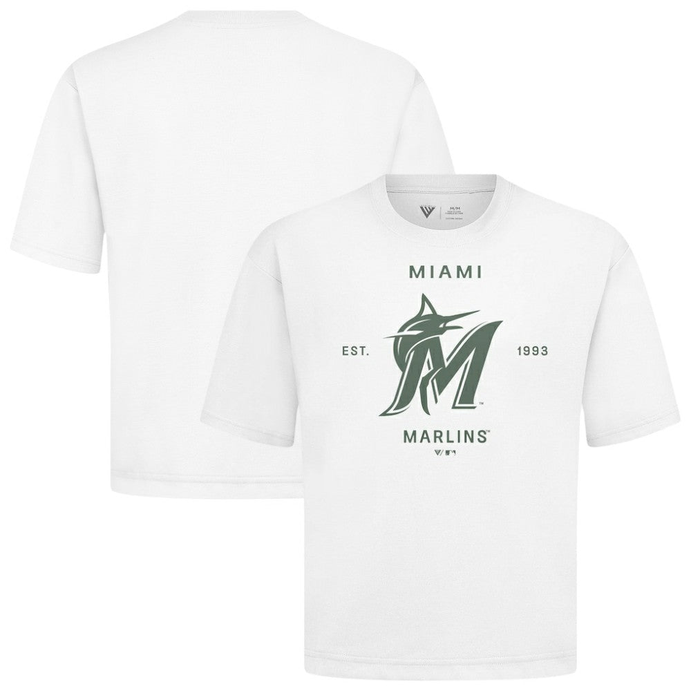 Miami Marlins Levelwear Crossway Oversized Luxe Signature Knit T-Shirt - White - MLB Discount