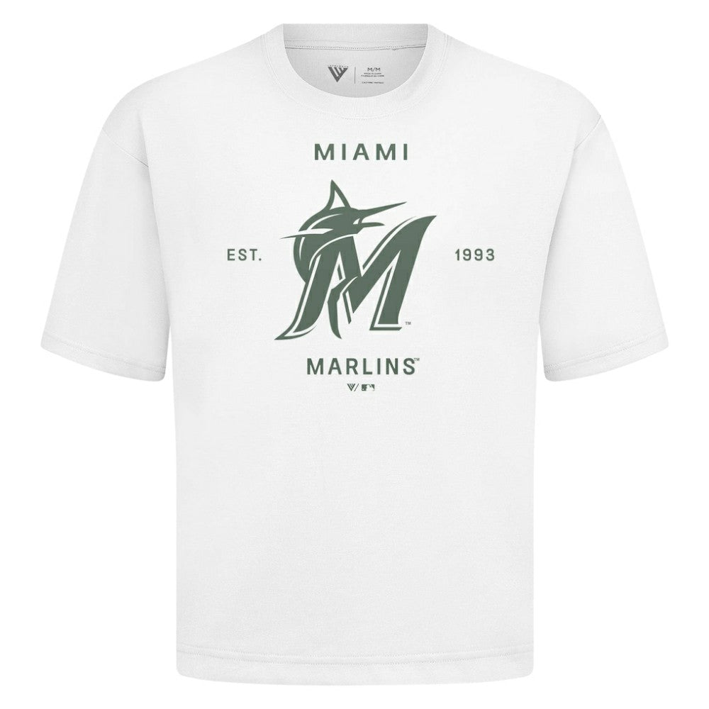 Miami Marlins Levelwear Crossway Oversized Luxe Signature Knit T-Shirt - White - MLB Discount