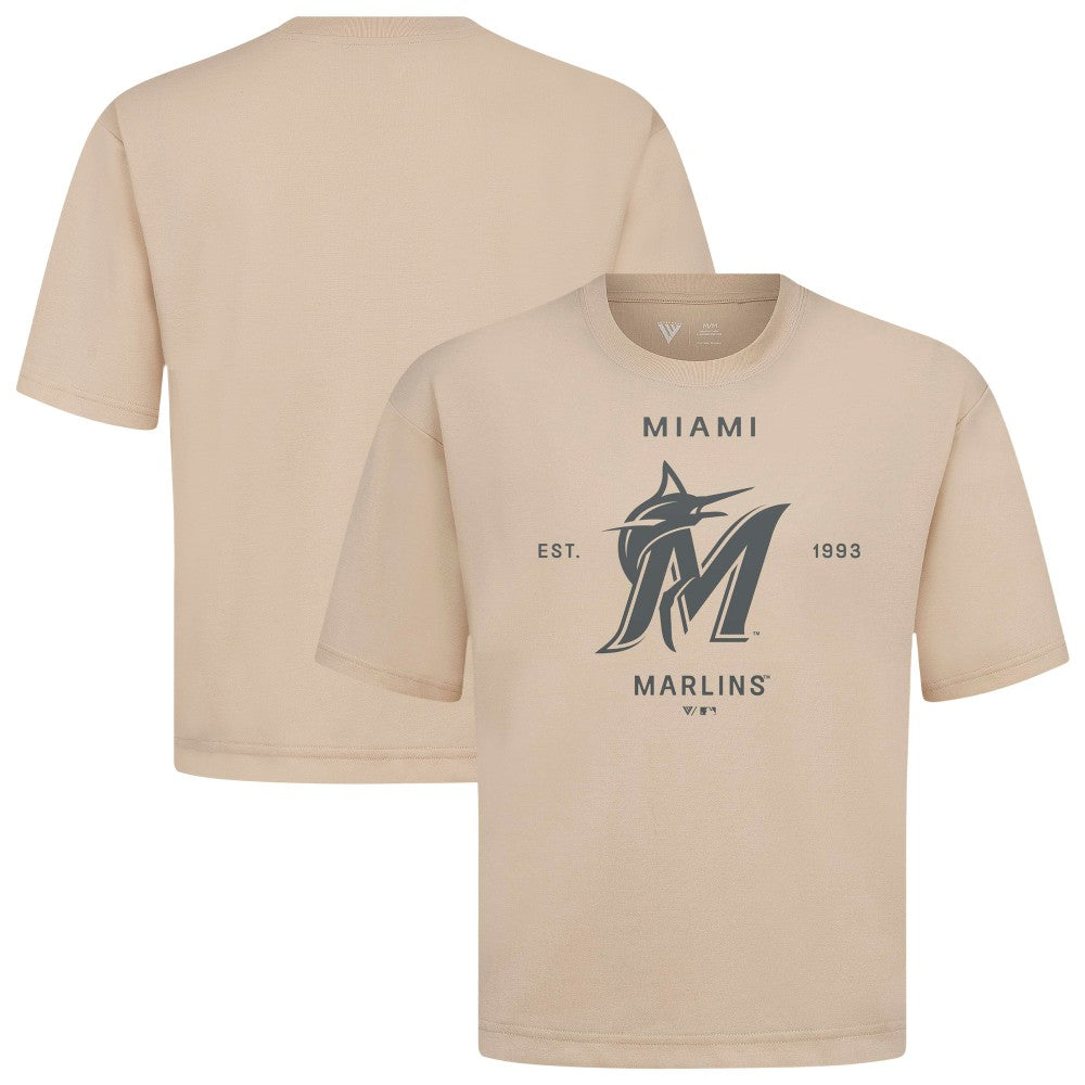 Miami Marlins Levelwear Crossway Oversized Luxe Signature Knit T-Shirt - Khaki - MLB Sale