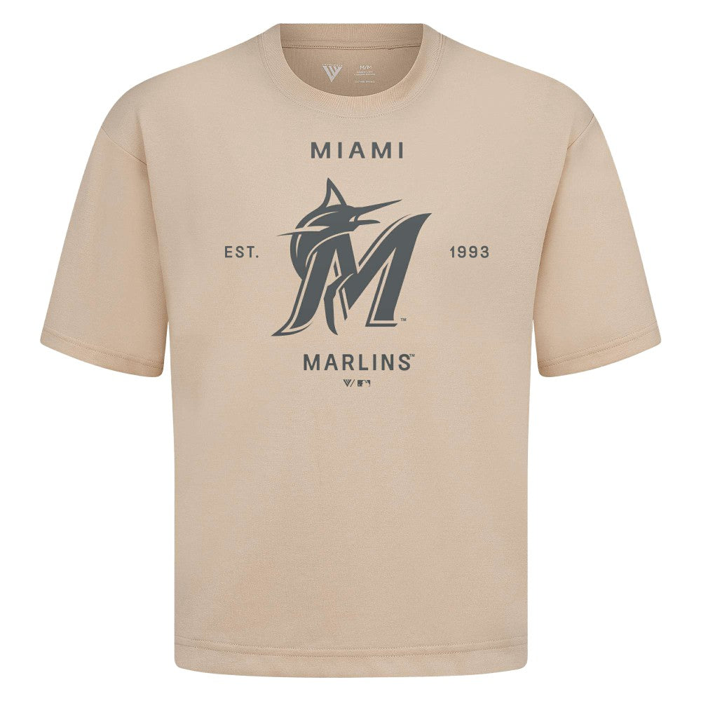 Miami Marlins Levelwear Crossway Oversized Luxe Signature Knit T-Shirt - Khaki - MLB Sale