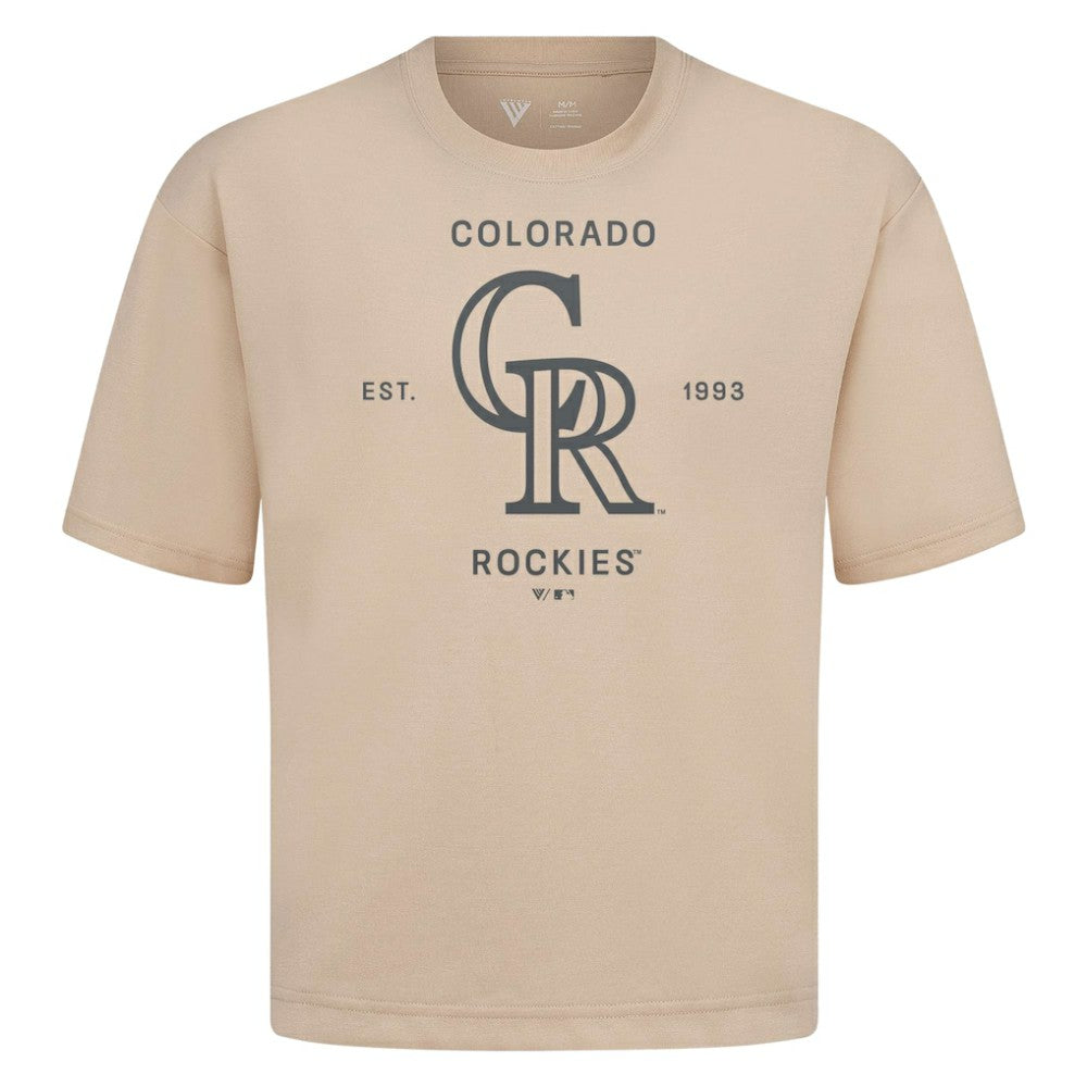 Colorado Rockies Levelwear Crossway Oversized Luxe Signature Knit T-Shirt - Khaki - MLB Sale