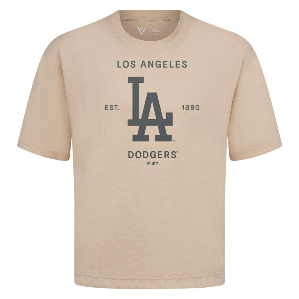 Los Angeles Dodgers Levelwear Crossway Oversized Luxe Signature Knit T-Shirt - Khaki - MLB Discount