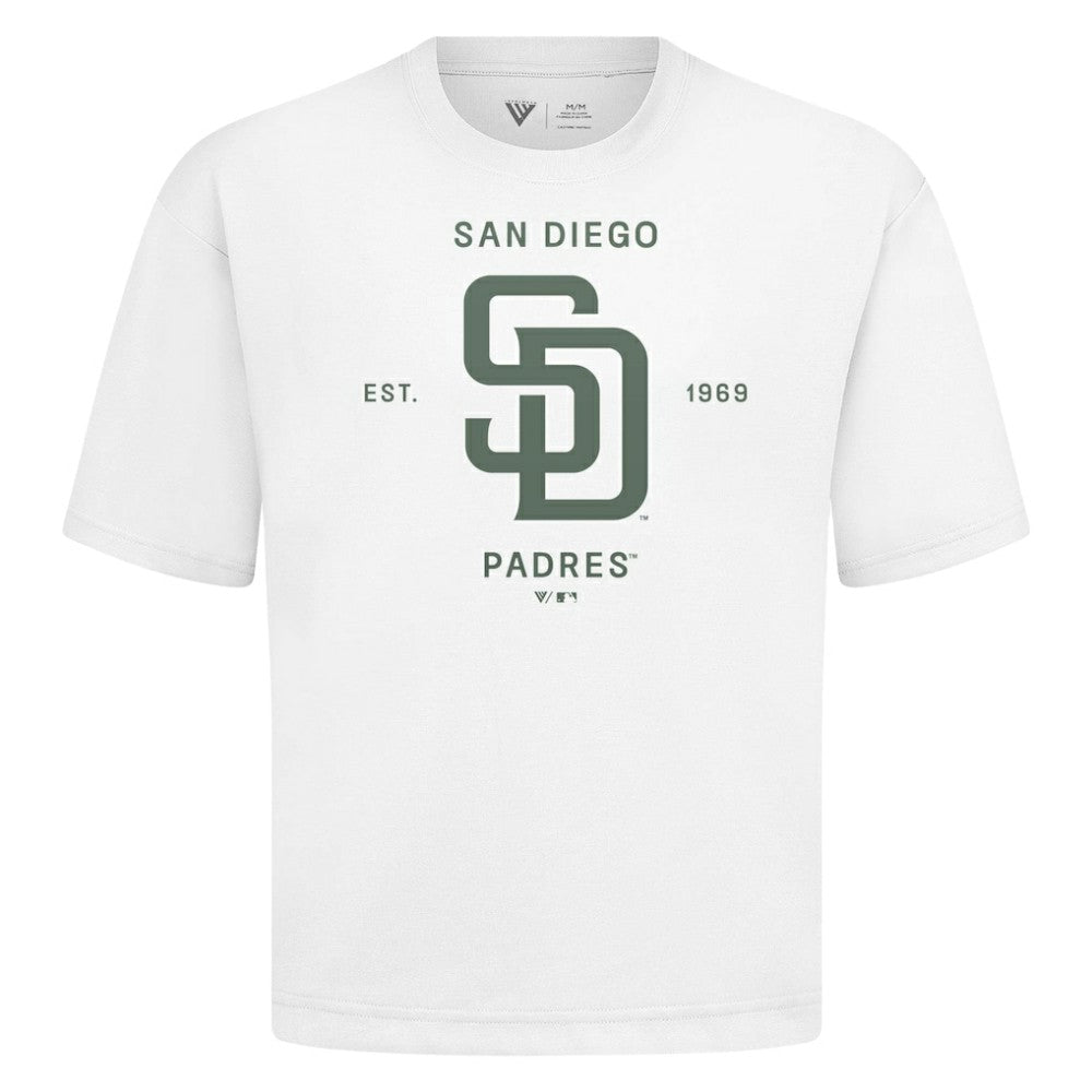 San Diego Padres Levelwear Crossway Oversized Luxe Signature Knit T-Shirt - White - MLB Sale