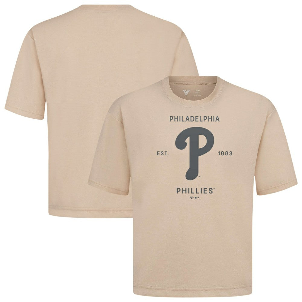 Philadelphia Phillies Levelwear Crossway Oversized Luxe Signature Knit T-Shirt - Khaki - MLB on Sale