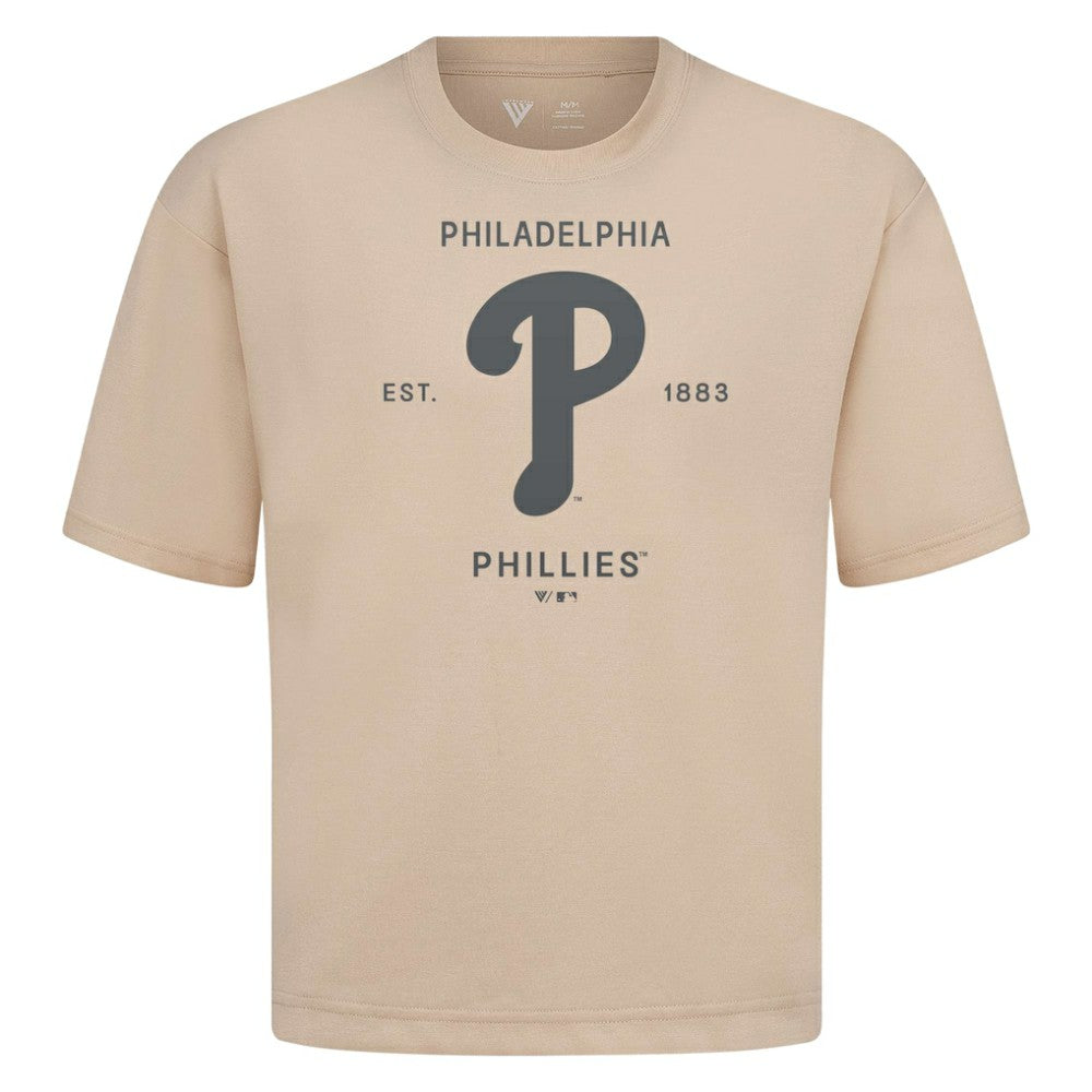 Philadelphia Phillies Levelwear Crossway Oversized Luxe Signature Knit T-Shirt - Khaki - MLB on Sale