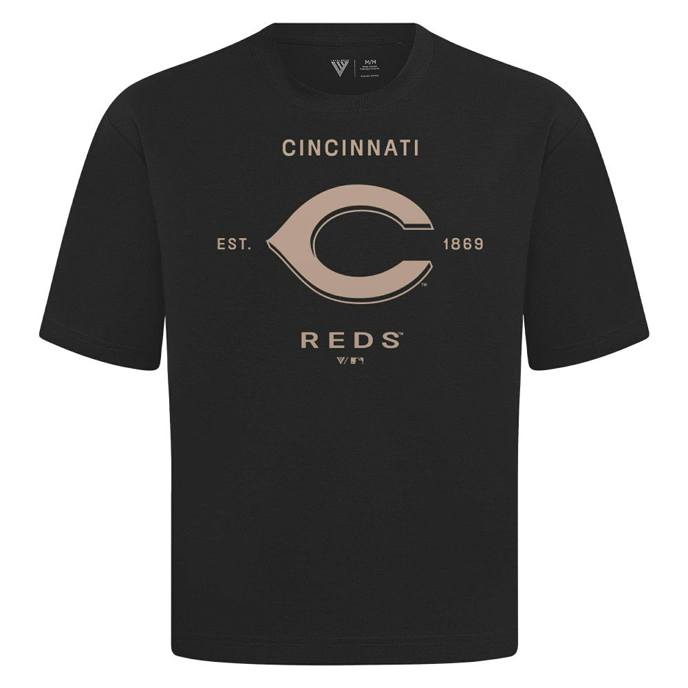 Cincinnati Reds Levelwear Crossway Oversized Luxe Signature Knit T-Shirt - Black - MLB Lifestyle