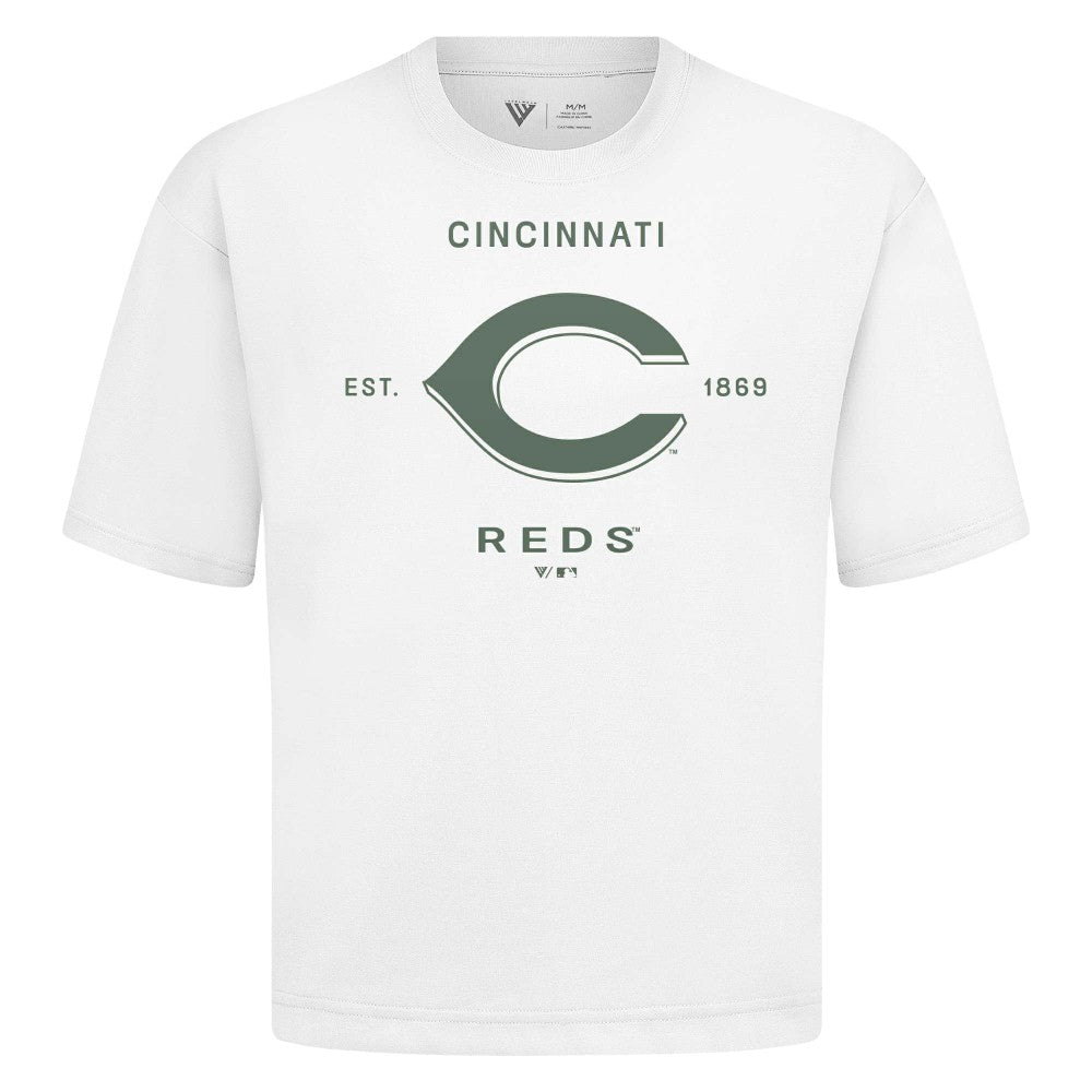 Cincinnati Reds Levelwear Crossway Oversized Luxe Signature Knit T-Shirt - White - MLB on Sale
