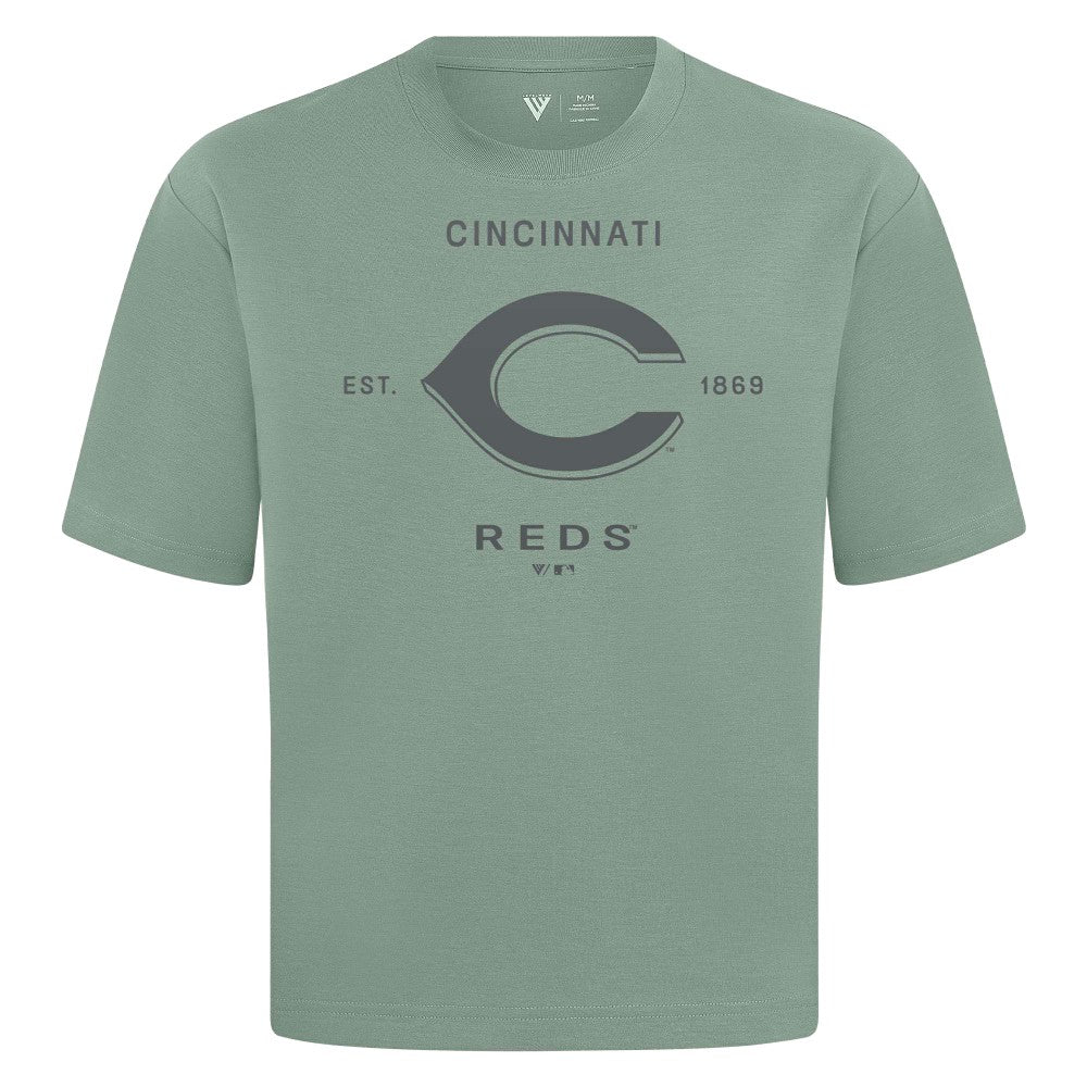 Cincinnati Reds Levelwear Crossway Oversized Luxe Signature Knit T-Shirt - Green - MLB Lifestyle
