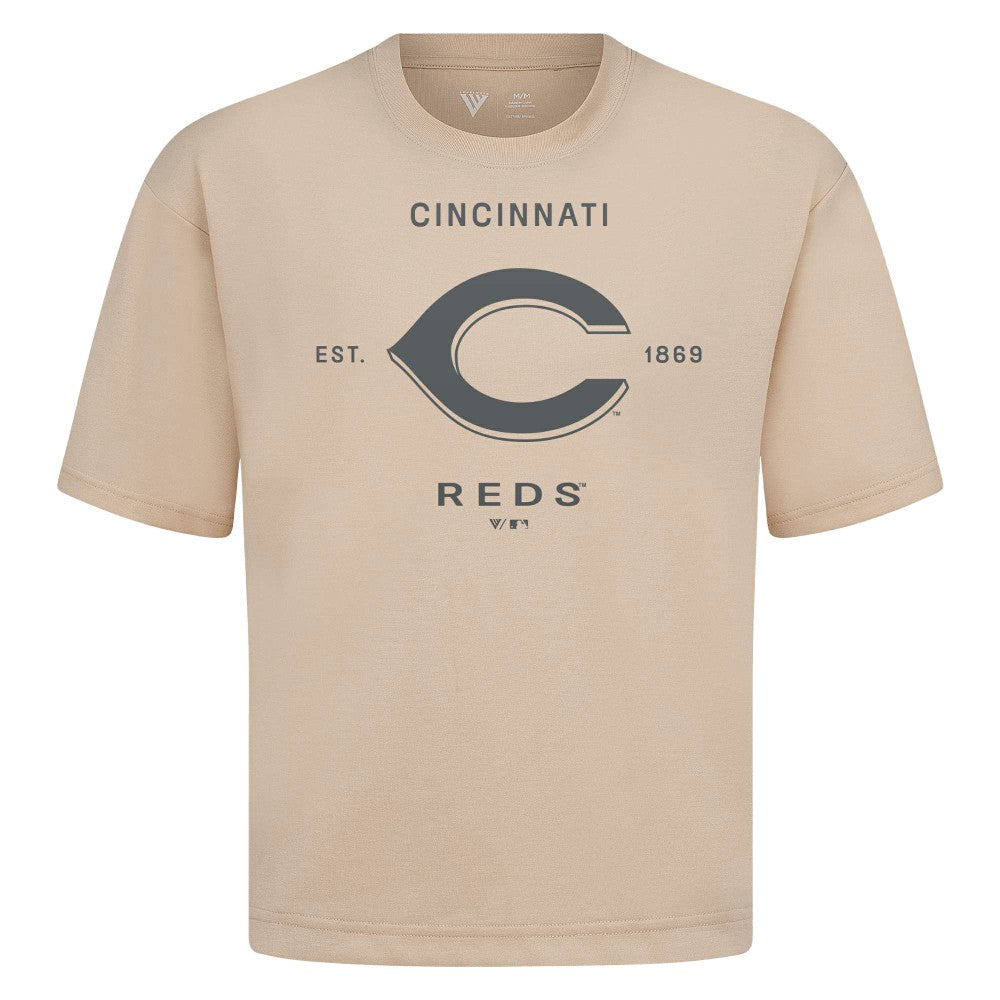 Cincinnati Reds Levelwear Crossway Oversized Luxe Signature Knit T-Shirt - Khaki - MLB Discount