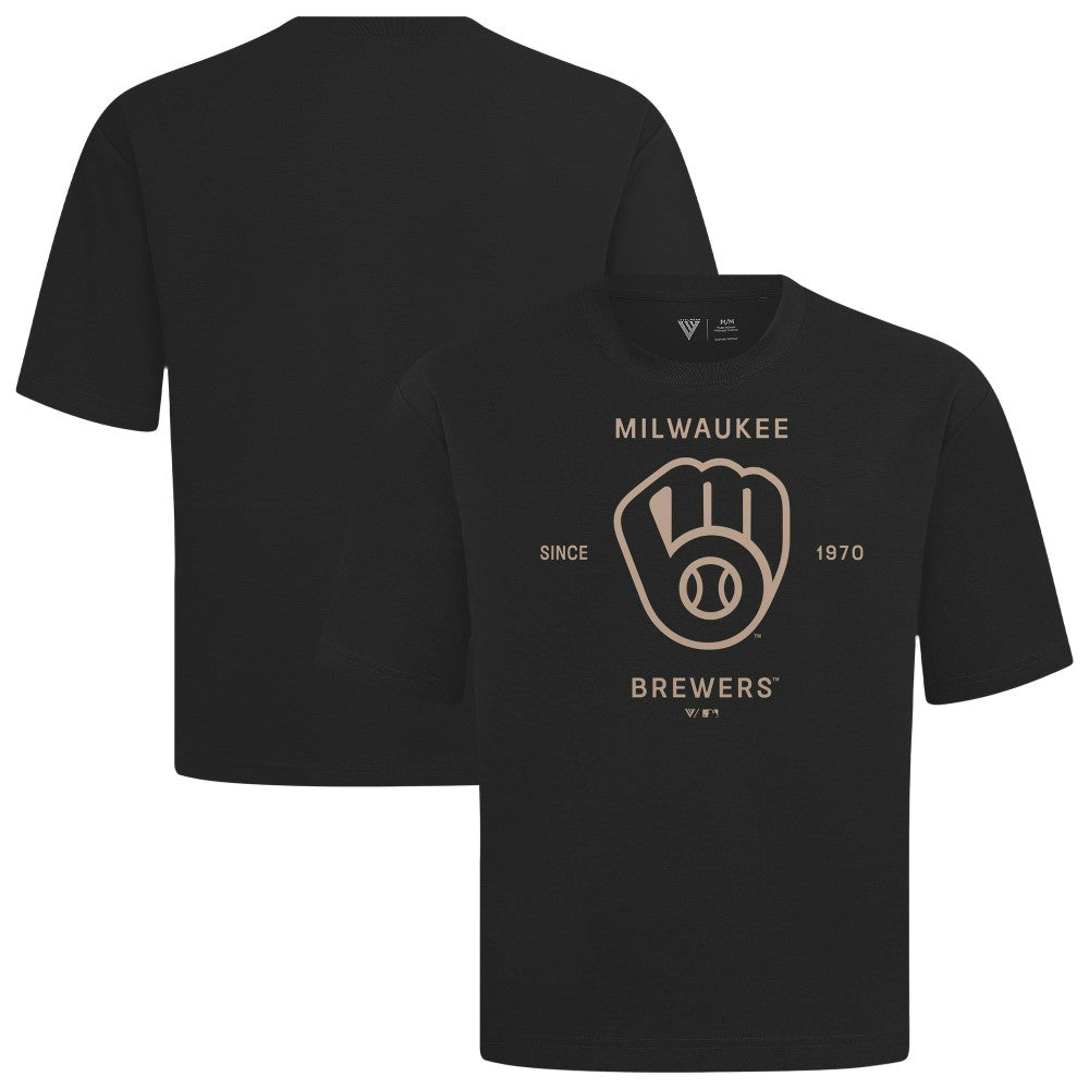Milwaukee Brewers Levelwear Crossway Oversized Luxe Signature Knit T-Shirt - Black - MLB Discount