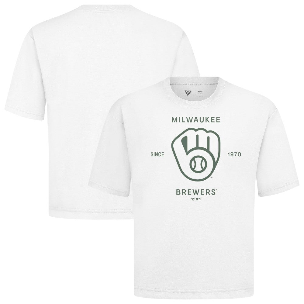 Milwaukee Brewers Levelwear Crossway Oversized Luxe Signature Knit T-Shirt - White - MLB Discount