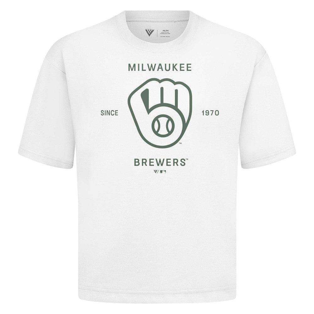 Milwaukee Brewers Levelwear Crossway Oversized Luxe Signature Knit T-Shirt - White - MLB Discount