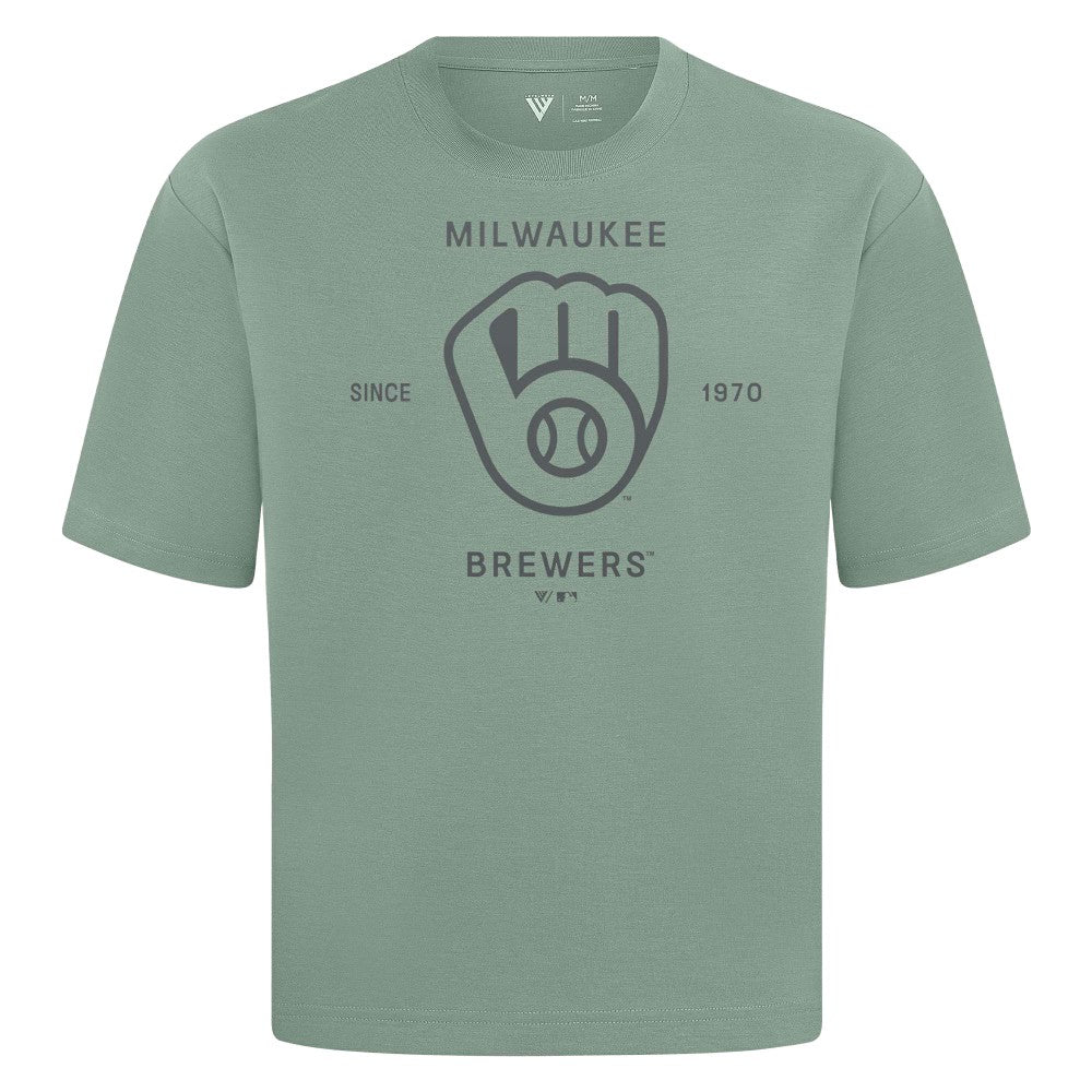 Milwaukee Brewers Levelwear Crossway Oversized Luxe Signature Knit T-Shirt - Green - MLB on Sale