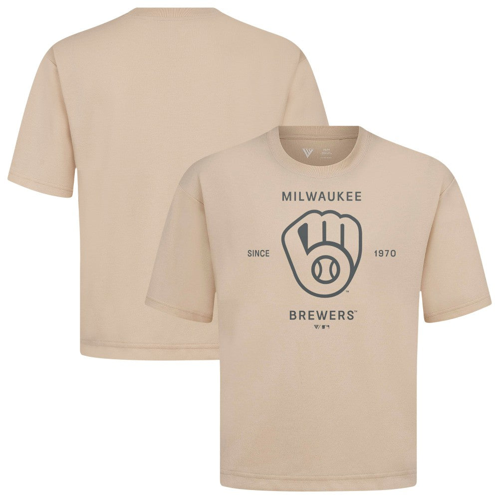 Milwaukee Brewers Levelwear Crossway Oversized Luxe Signature Knit T-Shirt - Khaki - MLB Discount