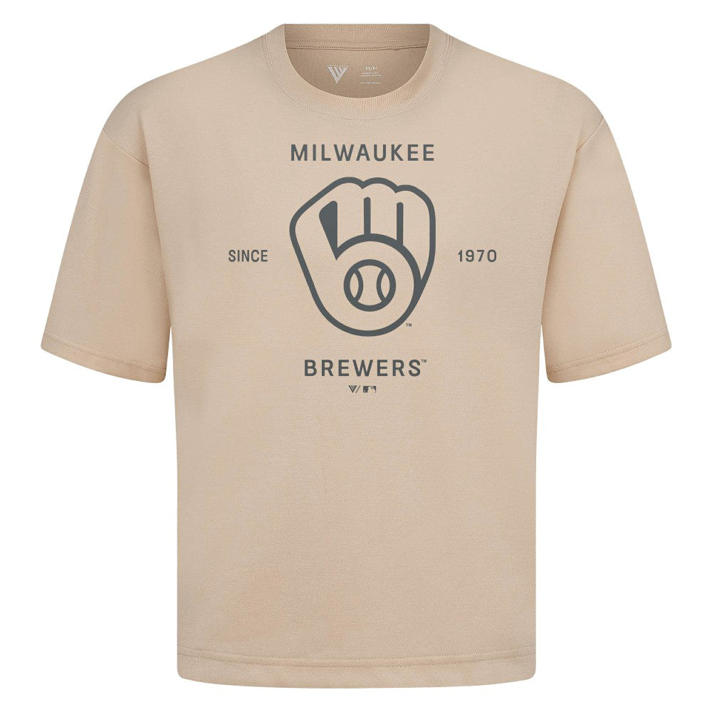 Milwaukee Brewers Levelwear Crossway Oversized Luxe Signature Knit T-Shirt - Khaki - MLB Discount