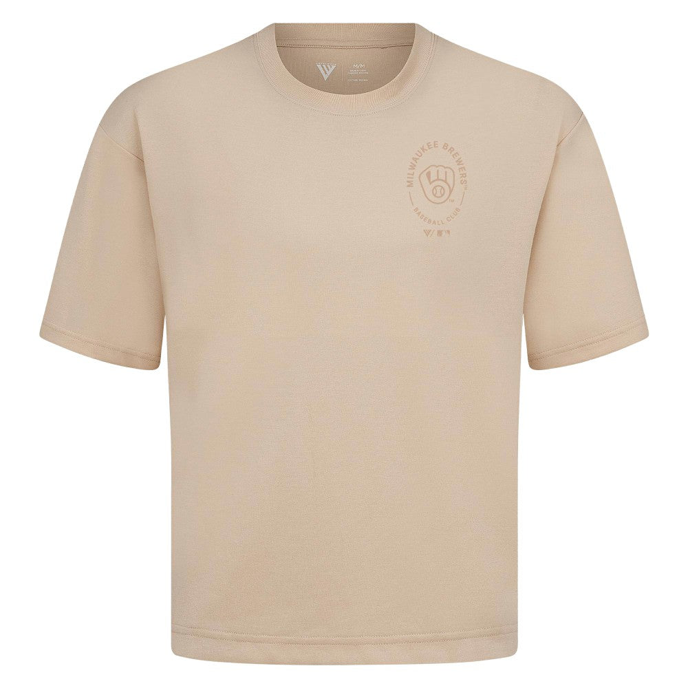 Milwaukee Brewers Levelwear Signet Oversized Luxe Signature Knit T-Shirt - Khaki - MLB Discount