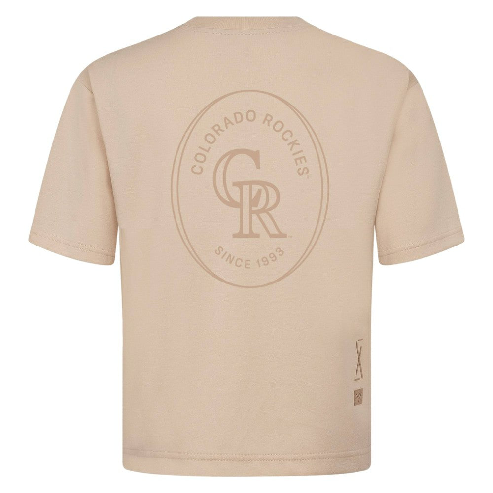 Colorado Rockies Levelwear Signet Oversized Luxe Signature Knit T-Shirt - Khaki - MLB Lifestyle