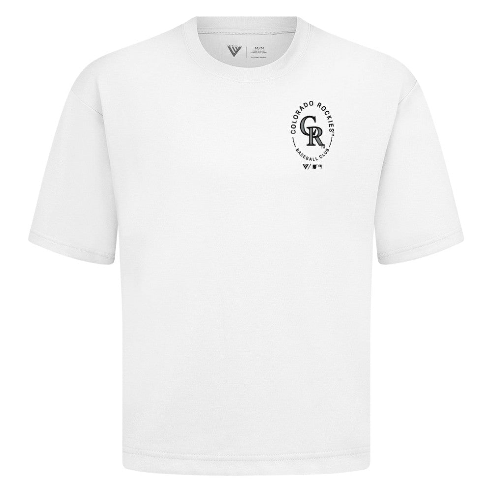 Colorado Rockies Levelwear Signet Oversized Luxe Signature Knit T-Shirt - White - MLB on Sale