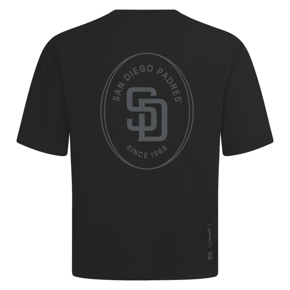San Diego Padres Levelwear Signet Oversized Luxe Signature Knit T-Shirt - Black - MLB on Sale
