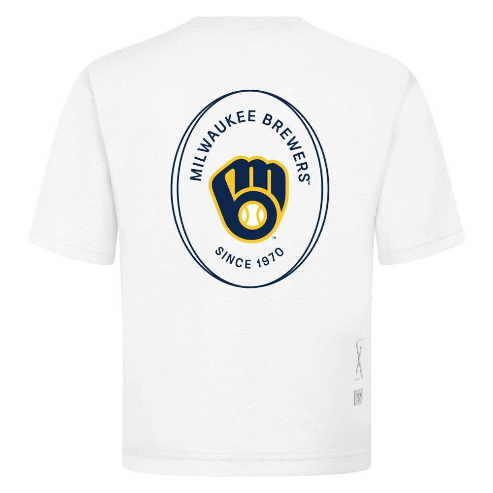 Milwaukee Brewers Levelwear Register Oversized Luxe Signature Knit T-Shirt - White - MLB Discount